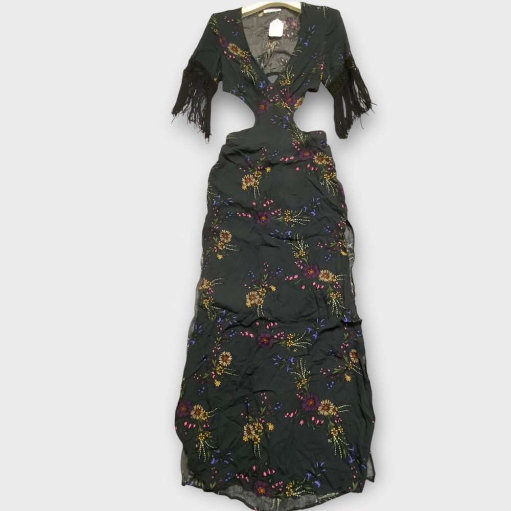 Honey Punch Womens Dress Small Maxi Floral Side Back Cutouts Fringe Bohemian NWT - Picture 2 of 12